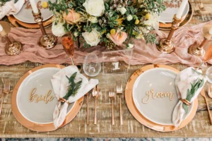 Blushing Bride & Groom Place Cards, Wood