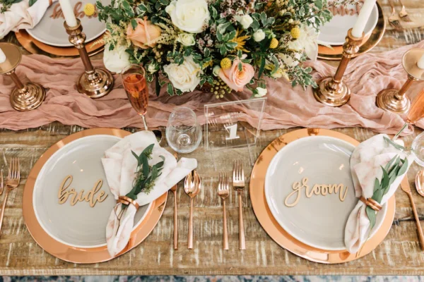 Blushing Bride & Groom Place Cards, Wood